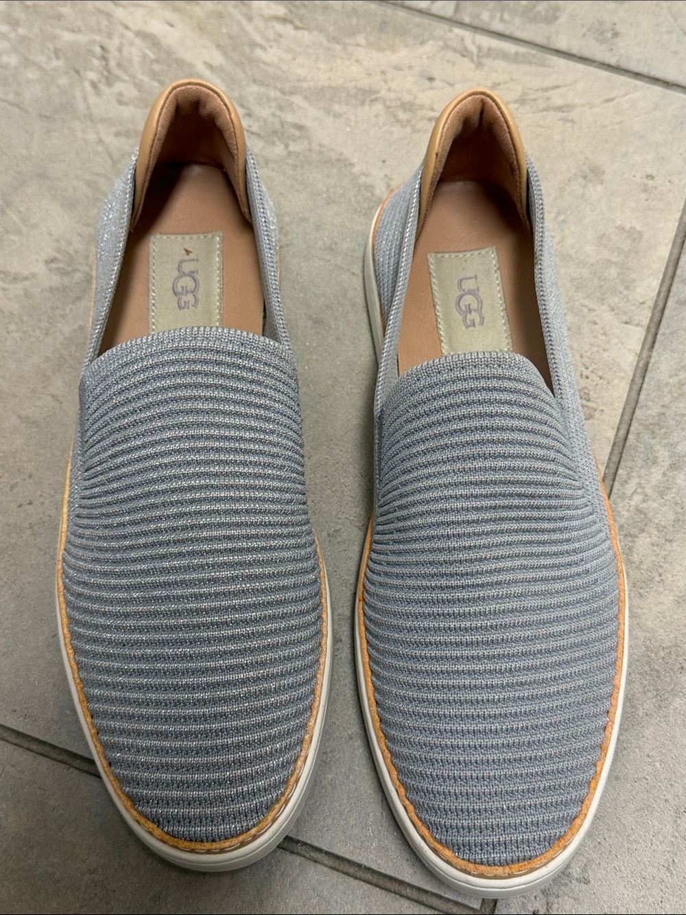 UGG Women’s Light Gray Knit Slip-On Loafers with Tan Trim